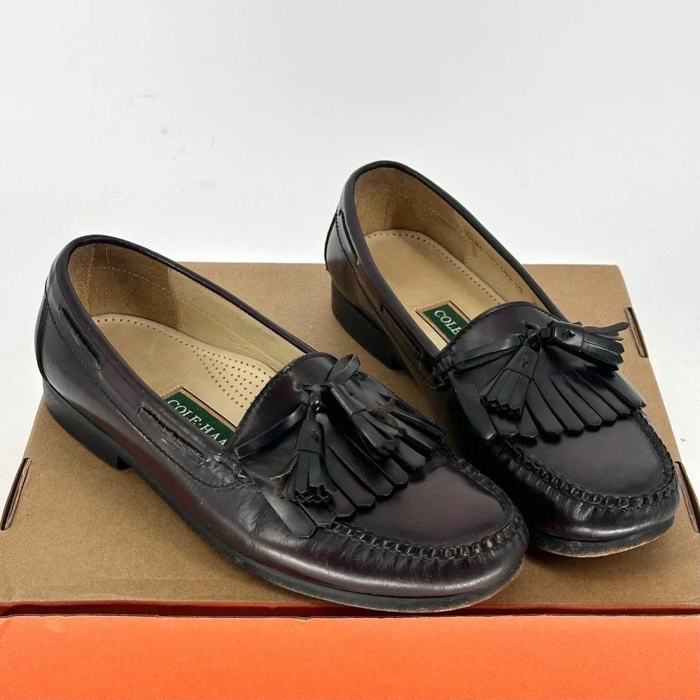 VTG Cole Haan Pinch Tassel Dark Cherry Leather Loafers Dress Shoes Fall Men 10 D
